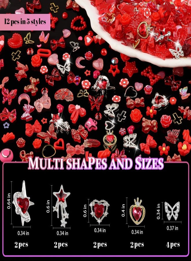 editTime 650pcs Mixed 3D Nail Charms Kit, 12pcs Luxury Metal Nail Rhinestones and 250pcs Resin Butterfly Flower Star Heart Bow Charms with 400pcs Flatback Pearls Rhinestone Metal Gems Charms (Red) - Image 3